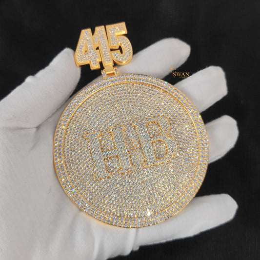Custom Iced Out Hip Hop Custom Gold Medallion Pendant with 415 and HB Letters Fully Iced Out VVS Moissanite Diamonds Luxury Hip Hop Necklace for Men swandiamond
