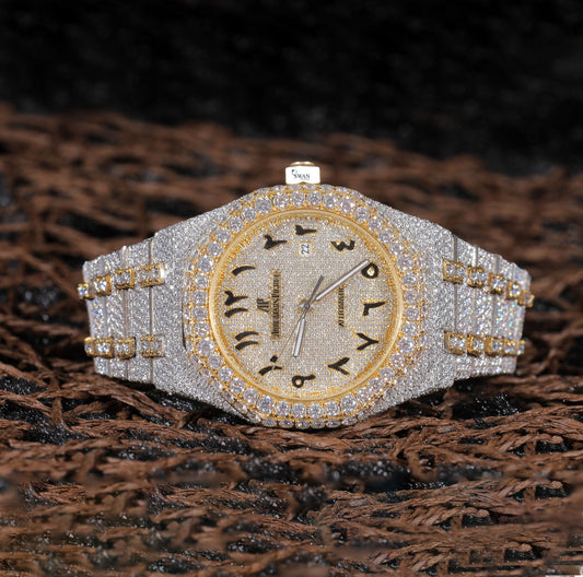 Arabic Dial Iced Out Watch Custom Moissanite Diamond Luxury Timepiece for Men Two Tone Gold and Silver Statement Watch SwanDiamond