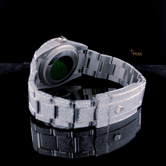 Luxury Diamond Watch Fully Iced Out with Green Dial and Roman Numerals Custom Silver Bracelet Timepiece SwanDiamond