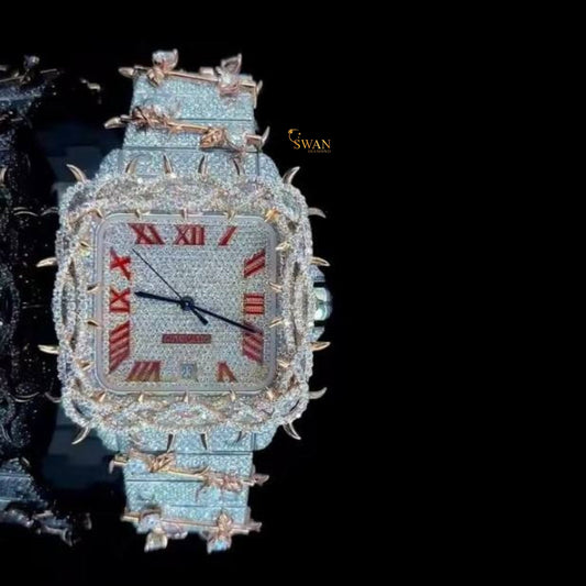 Luxury Iced Out Square Roman Numeral Diamond Watch with Unique Rose Gold Thorn Detailing and Full Pavé Bracelet SwanDiamond