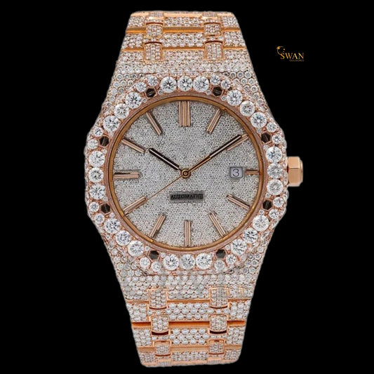 Two Tone Arabic Dial Diamond Watch Fully Iced Out with Baguette Accents and Gold Details SwanDiamond