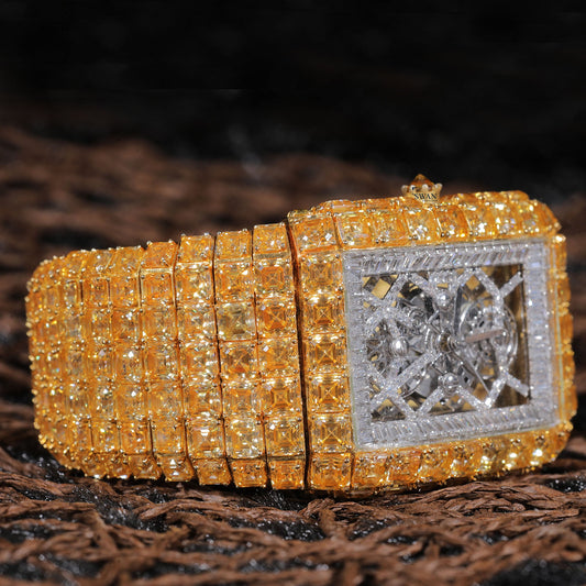 Yellow Sapphire and White Diamond Skeleton Luxury Watch with Full Pavé Bracelet and Intricate Openwork Dial Design SwanDiamond