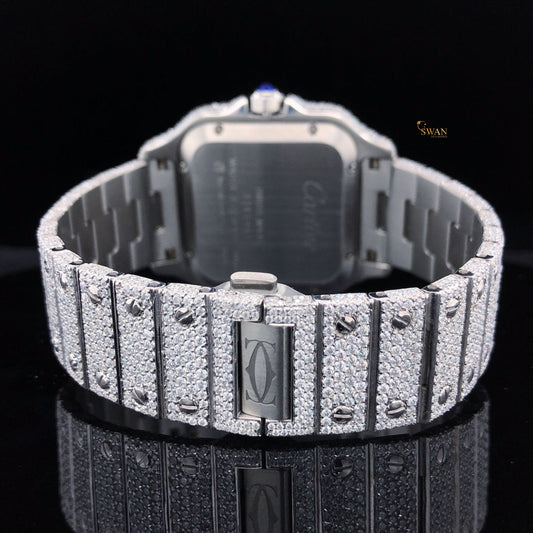 Custom Cartier Santos Diamond Watch Fully Iced Out with Pink Arabic Dial Luxury White Gold Mens Timepiece SwanDiamond