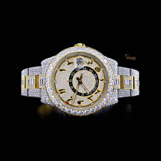 Luxury Two Tone Diamond Watch with Arabic Numerals Fully Iced Out Dial Bezel and Bracelet Custom Hip Hop Jewelry Timepiece swandiamond