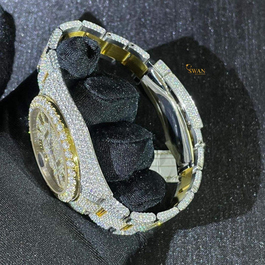 Two Tone Fully Iced Out Diamond Watch Roman Numeral Dial with Custom Gold Accents Luxury Timepiece High End Jewelry Gift SwanDiamond