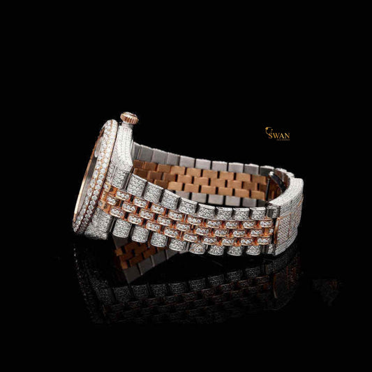 Luxury Two Tone Rose Gold and Silver Iced Out Diamond Watch with Roman Numeral Dial Full Pave Bracelet Custom Bezel High End Jewelry swandiamond