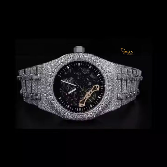 Luxury Iced Out Diamond Skeleton Watch Silver Automatic Black Dial Custom Hip Hop Jewelry Openwork Mechanical Timepiece swan diamond