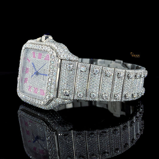 Luxury Cartier Diamond Watch Iced Out Silver Bracelet Pink Roman Numerals Custom Fully Paved Jewelry Timepiece SwanDiamond