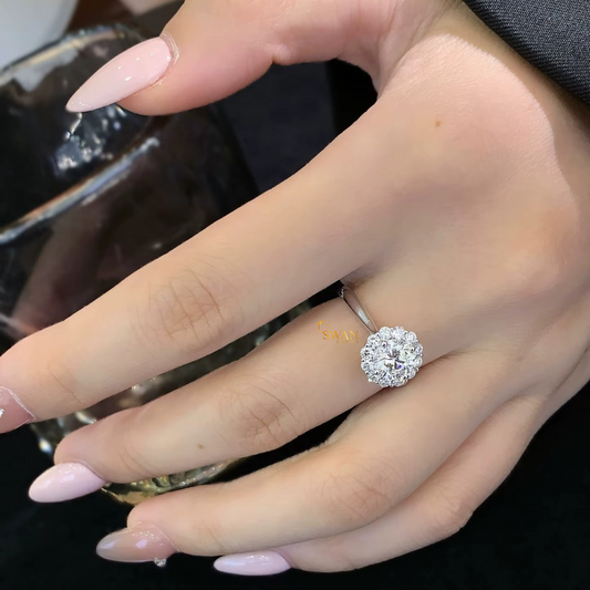 925 Silver Round Cut Diamond Halo Engagement Ring in White Gold Plated with Pavé Band Sparkling Solitaire Bridal Jewelry Anniversary Gift for Her swandiamond