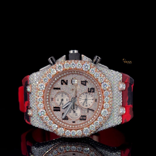 Luxury Iced Out Chronograph Watch with Diamond Bezel and Red Camouflage Rubber Strap Bold Statement Timepiece SwanDiamond