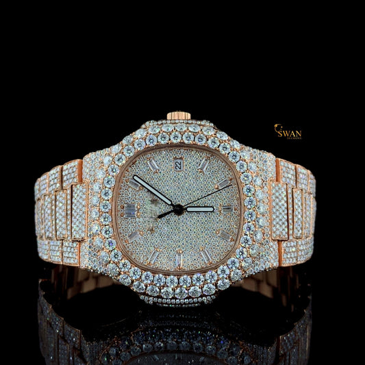 Exclusive Rose Gold Diamond Watch Iced Out with Full Pave Setting Luxury Style Bezel and Bracelet Unisex Edition SwanDiamond
