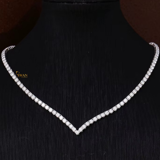 V Shape Diamond Tennis Necklace in White Gold Sparkling Round Cut Stones Elegant Jewelry for Men and Women swandiamond