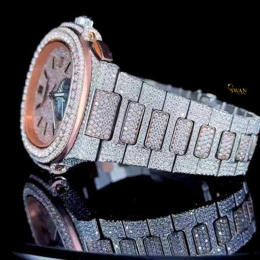 Luxury Iced Out Diamond Watch with Rose Gold Outline Pave Dial Date Display Full Diamond Bracelet and Large Bezel Stones SwanDiamond