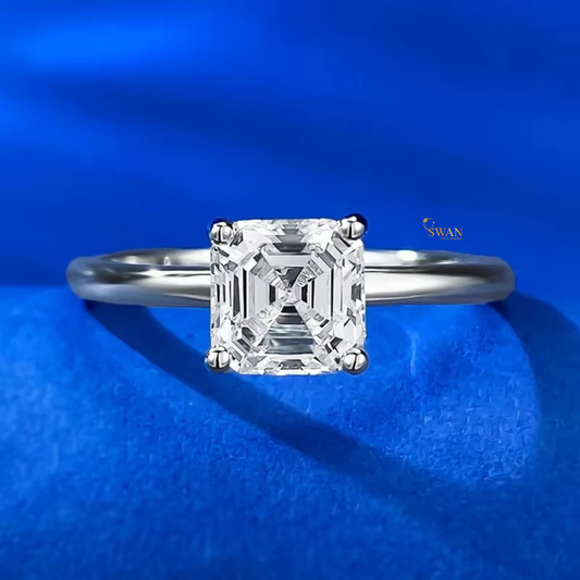 925 Silver Asscher Cut Diamond Solitaire Engagement Ring in White Gold Plated Classic Four Prong Setting Elegant Bridal Jewelry Gift for Her swandiamond