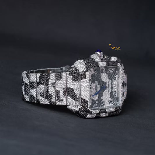 Luxury Iced Out Diamond Watch Black and White Camouflage Design Square Dial Automatic Custom Hip Hop Jewelry Statement Timepiece swan diamond