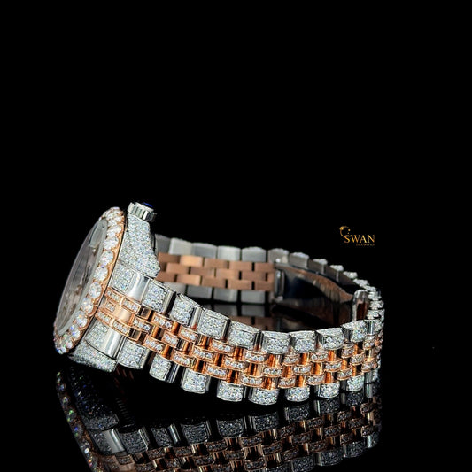 Two Tone Rose Gold and Silver Iced Out Diamond Watch with Mother of Pearl Dial Luxury Pave Bracelet Timepiece swandiamond
