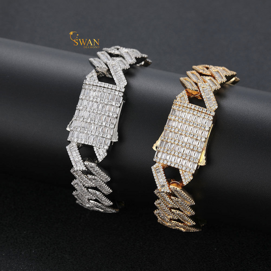 White Gold Cuban Link Bracelet with Natural Diamonds Iced Out Baguette and Round Cut Pave Setting Luxury Statement Jewelry swandiamond