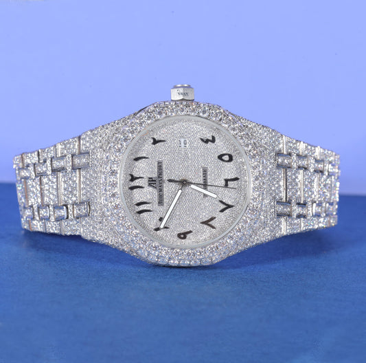 Silver Fully Iced Out Arabic Dial Moissanite Watch for Men – Luxury Custom Timepiece with Automatic Movement SwanDiamond