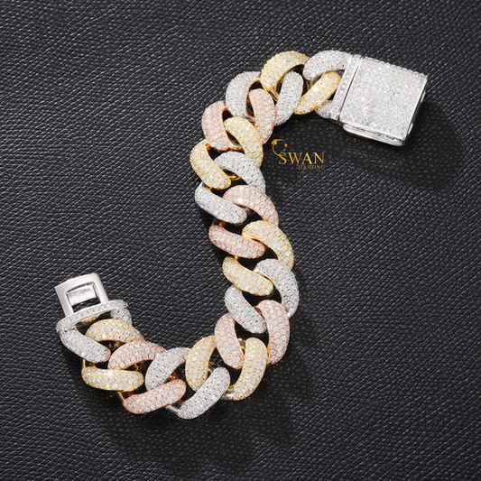 Cuban Link Bracelet in Natural White Gold Yellow Gold and Rose Gold | Tricolor Iced Out Luxury Statement Jewelry swandiamond