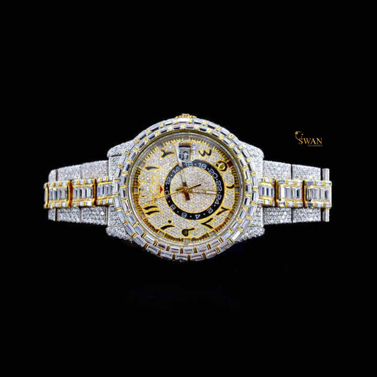 Luxury Iced Out Diamond Watch Two Tone Gold and Silver Baguette Band Arabic Dial Automatic Custom Hip Hop Jewelry Statement swan diamond