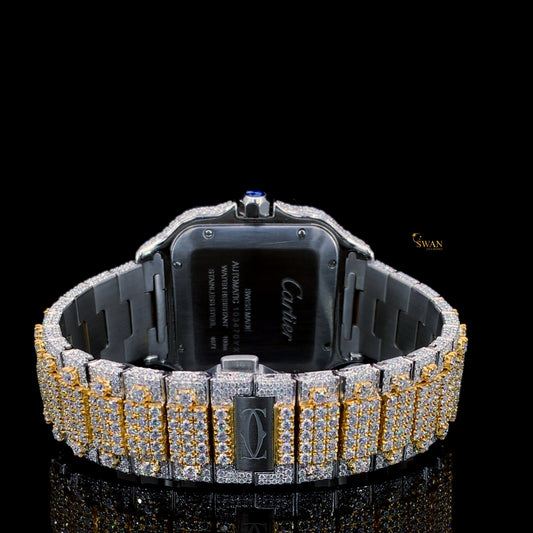 Custom Cartier Santos Two Tone Diamond Watch Fully Iced Out Gold and Silver Roman Dial Luxury Mens Timepiece SwanDiamond