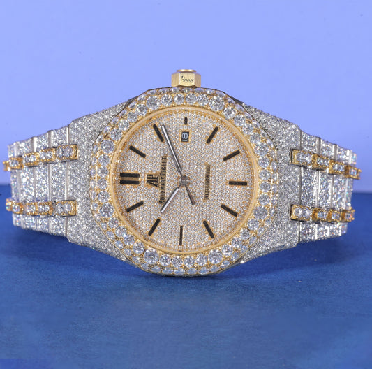 Fully Iced Out Gold Bezel Luxury Watch with Moissanite Diamonds and Silver-Gold Bracelet – Men’s Premium Timepiece SwanDiamond