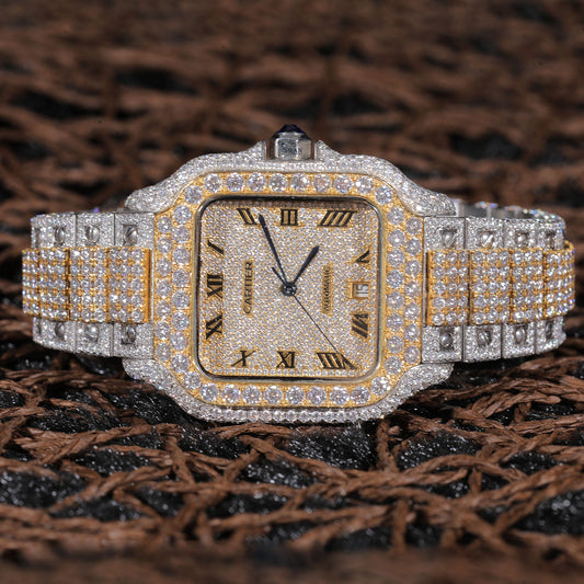 Two Tone Roman Dial Iced Out Watch VVS Moissanite Custom Gold and Silver Men’s Luxury Timepiece Hip Hop Designer Style SwanDiamond