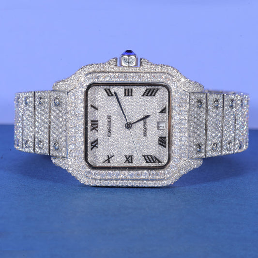 Fully Iced-Out Cartier Santos Roman Dial Watch – Timeless Luxury in Diamonds SwanDiamond