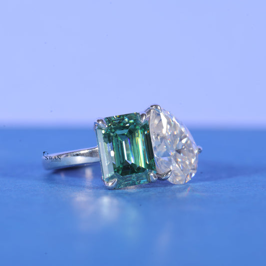 Two Stone Emerald And Pear Cut Lab Grown Diamonds Engagement Ring