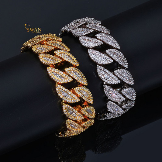 Natural Diamond Cuban Link Bracelet in White Gold and Yellow Gold | Baguette and Round Cut Iced Out Luxury Jewelry swandiamond