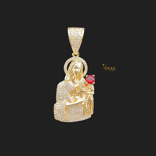 Gold Jesus Hip Hop Jewelry Piece Pendant with Red Gem Iced Out Religious Bling Necklace Custom Statement Chain for Men