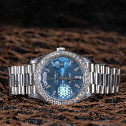 Blue Dial Day-Date Luxury Watch with Diamond Bezel and Stainless Steel Bracelet SwanDiamond