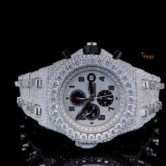 Luxury Iced Out Diamond Chronograph Watch with Black Subdials Pave Dial Large Bezel Stones Full Bracelet Bold Sporty Style SwanDiamond