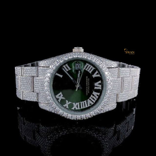 Luxury iced out diamond watch with green Roman dial fully encrusted bracelet timeless silver elegance crafted for collectors SwanDiamond