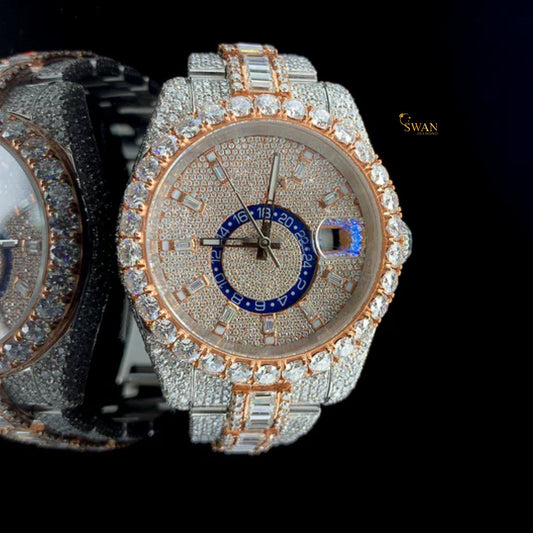 Two Tone Rose Gold and Silver Iced Out Diamond Watch with Blue Dial Detail Luxury Automatic Timepiece SwanDiamond