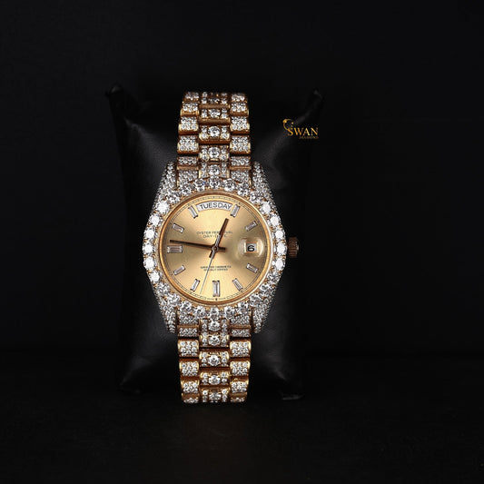 Luxury Gold Iced Out Diamond Day Date Watch with Champagne Dial Full Pave Bracelet and Large Round Bezel Stones Classic Style SwanDiamond