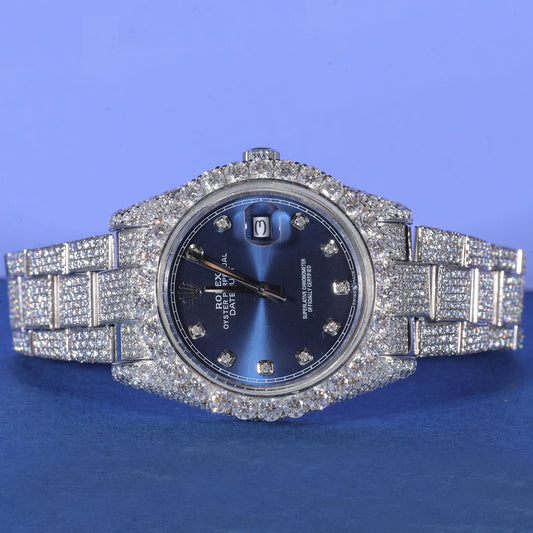 Blue Dial Fully Iced Luxury Watch with Diamond Bezel and Bracelet SwanDiamond