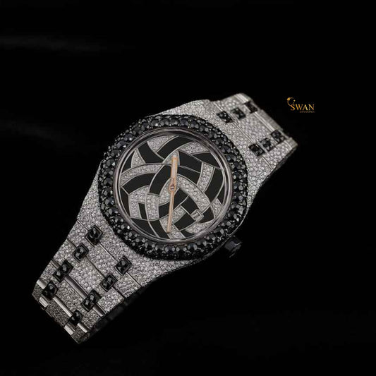 Luxury Iced Out Black Diamond Watch Silver and Black Two Tone Automatic with Unique Geometric Dial Custom Hip Hop Jewelry Gift swan diamond