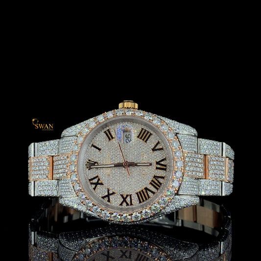 Full Diamond Watch Two Tone Luxury with Iced Out Band and Roman Numerals Timeless Fashion Jewelry SwanDiamond