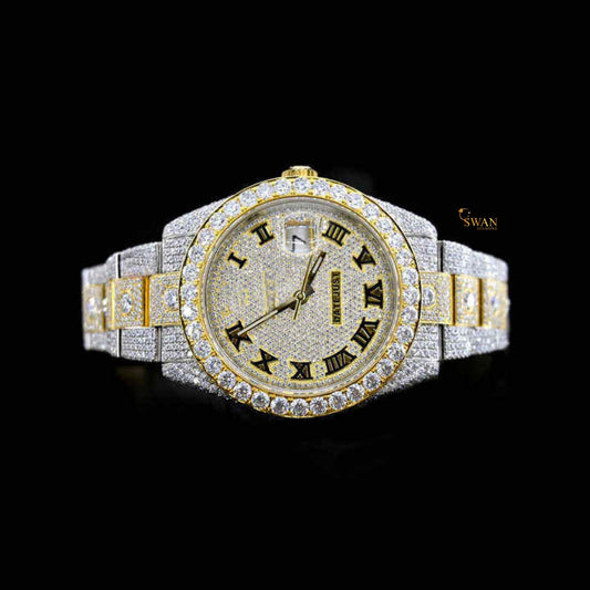 Luxury Two Tone Gold and Silver Iced Out Diamond Watch with Roman Numeral Dial Full Pave Bracelet Custom Bezel High End Jewelry swandiamond