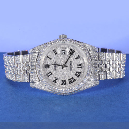 Roman Numeral Fully Iced Luxury Watch with Diamond Bezel and Bracelet SwanDiamond