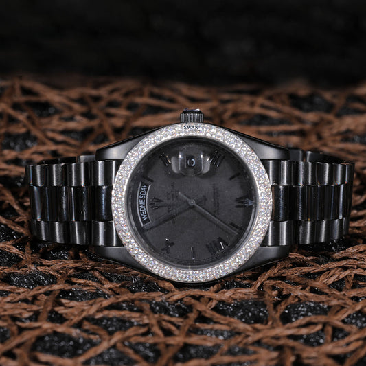 Black Dial Day-Date Luxury Watch with Diamond Bezel and Black Bracelet SwanDiamond