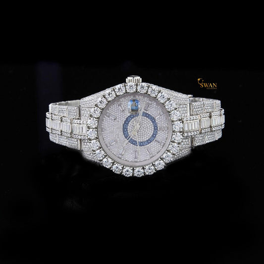 Luxury Iced Out Diamond Watch Silver with Baguette Accents Full Pave Design Round Dial Custom Hip Hop Jewelry Statement Timepiece swan diamond
