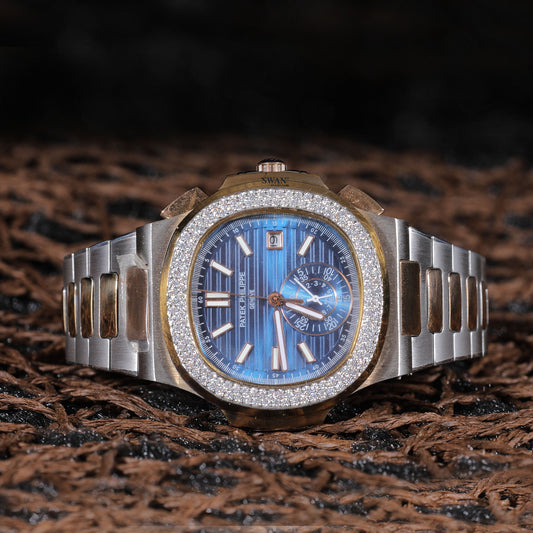 Blue Dial Chronograph Luxury Watch with Diamond Bezel and Two-Tone Bracelet SwanDiamond
