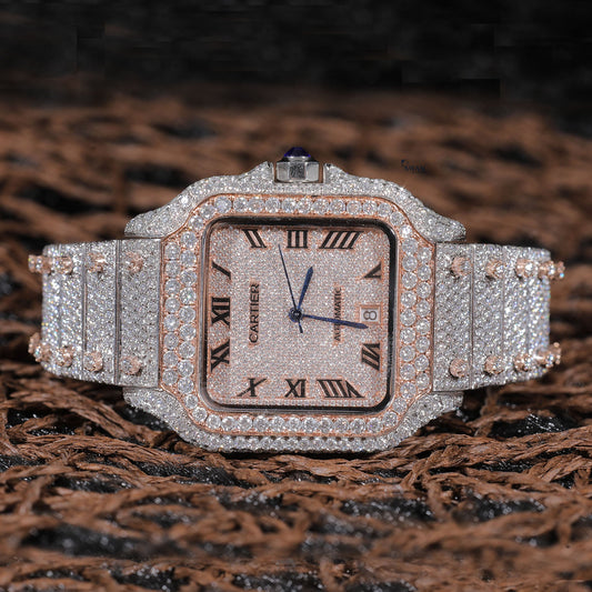 Fully Iced Out Two-Tone Cartier Style Diamond Watch – Luxury Custom Timepiece for Bold Elegance SwanDiamond