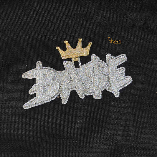 Hip Hop Custom BASE Crown Pendant Fully Iced Out in Silver with Gold Crown Detail VVS Moissanite Diamonds Luxury Necklace for Men swandiamond