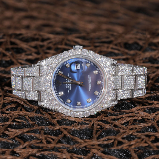 Blue Dial Fully Iced Luxury Timepiece with Diamond Bezel and Bracelet SwanDiamond