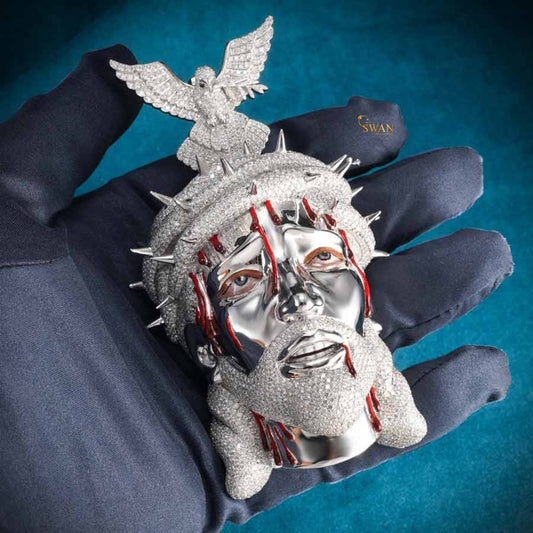Luxury Hip Hop Iced Out Jesus Face Pendant with Red Detailing and Angel Bail VVS Moissanite Diamonds Necklace for Men swandiamond
