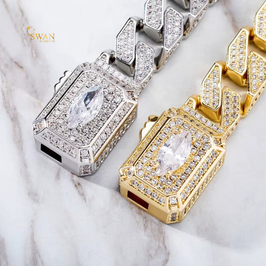 Luxury Gold and Silver Diamond Cuban Link Bracelet with Iced Out Watch Style Clasp High Quality Hip Hop Jewelry for Men and Women swandiamond