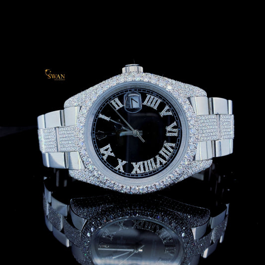 Premium Iced Out Diamond Watch with Black Face Roman Numerals and Full Silver Pave Bracelet Luxury Style SwanDiamond